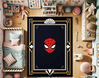 Spiderman Art Deco Rug, Superhero Comic Style Boys Room Carpet, Playroom Floor Mat
