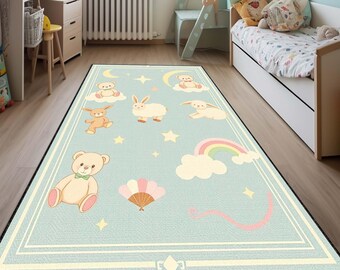 Cute Bear Minimalist Art Deco Rug, Sweet Animal Pattern Carpet, Soft Neutral Floor Mat for Nursery, Kids Room, or Baby Shower Gift, Soft Rug