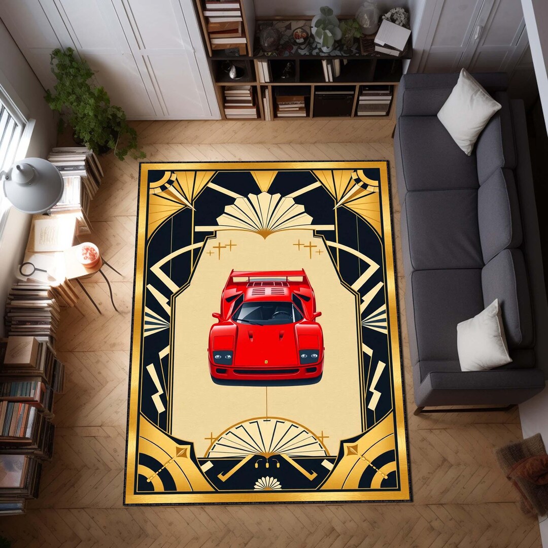Retro Red Sports Car Art Deco Rug, Classic Auto Lover Area Carpet, Bold ...