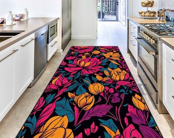 Boho Floral Runner Rug, Pink Orange Flower Hallway Carpet, Vintage Bohemian Area Rug, Botanical Chic Decor for Entryway or Bedroom, Door Mat