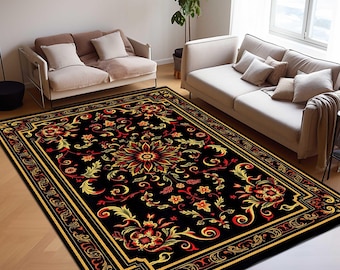 Luxury Black Rug, Home Ornamental Carpet, Dark Academia Area Rug, Baroque Style Rug, Vintage Gothic Decor, Maximalist Statement Rug