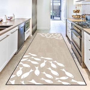 Fish Pattern Hallway Runner Rug, Ocean-Themed Carpet, Coastal Decorative Rug, Non-Slip Nautical Floor Runner, Marine Style Rug, Kitchen Rug