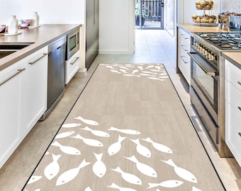 Fish Pattern Hallway Runner Rug, Ocean-Themed Carpet, Coastal Decorative Rug, Non-Slip Nautical Floor Runner, Marine Style Rug, Kitchen Rug