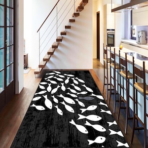 Fish Pattern Hallway Runner Rug, Ocean-Themed Carpet, Coastal Decorative Rug, Non-Slip Nautical Floor Runner, Marine Style Rug, Kitchen Rug