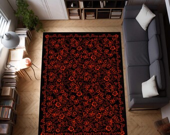Gothic Floral Rug, Black Red Area Rug, Academia Carpet, Vintage Botanical Rug, Moody Maximalist Victorian Style Rug, Dark Cottagecore Rug