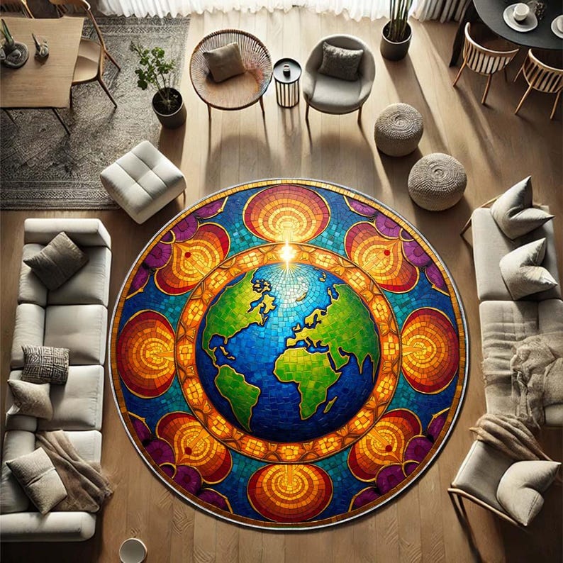 World Explorer Rug Colorful Earth Map Circle Carpet, World Globe Mosaic Round Rug, Travel ...