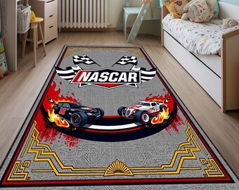NASCAR Racing Area Rug, Race Car Bedroom Rug, Checkered Flag
