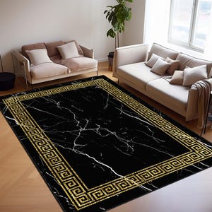 Black Marble Design Area Rug With Gold Accents, Modern Abstract Carpet For Living Room, Elegant Floor Mat, Stylish Home Rug, Gold Framed Rug