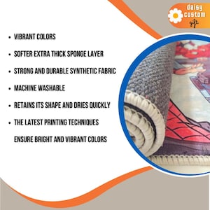 May include: A rolled-up rug with a gray top layer and a colorful printed design. The rug features a white border and is advertised as having vibrant colors, a thick sponge layer, and being machine washable. The logo "daisy custom gift" is visible.