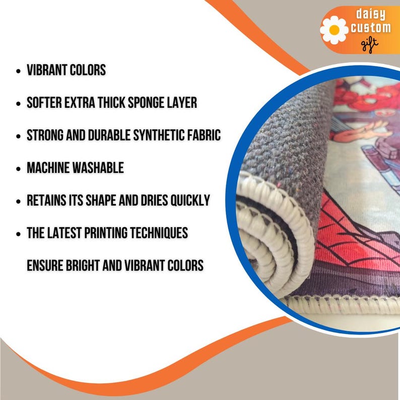 May include: A rolled-up rug with a gray top layer and a colorful printed design. The rug features a white border and is advertised as having vibrant colors, a thick sponge layer, and being machine washable. The logo "daisy custom gift" is visible.