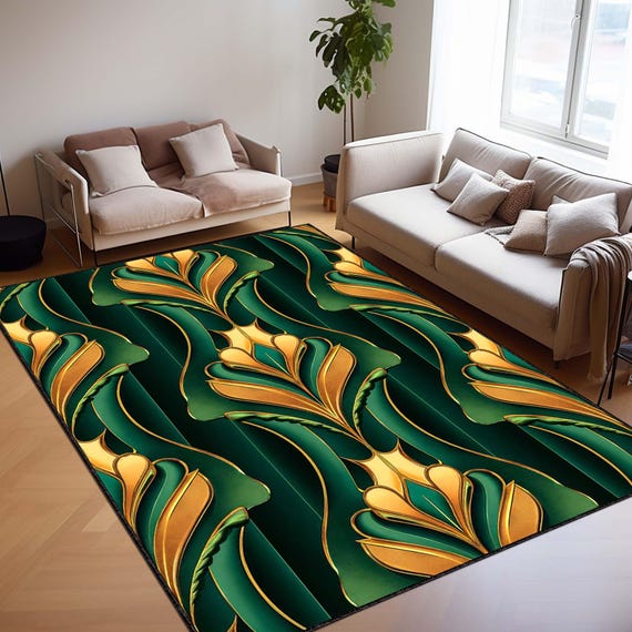 Elegant Art Deco Area Rug – Emerald Green Luxury Carpet, Vintage