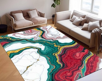 Luxury Agate Marble Rug, Emerald Green Pink Abstract Area Rug, Gold Vein Geode Carpet, Modern Statement Rug, Resin Art Inspired Rug