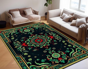 Emerald Green Rug, Home Ornamental Carpet, Dark Academia Area Rug, Baroque Style Rug, Vintage Gothic Decor, Maximalist Statement Rug