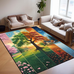 Four Seasons Rug, Nature Tree Carpet, Seasonal Tapestry, Spring Summer Fall Winter Decor, Landscape Art Mat, Cottagecore Home Aesthetic Rug