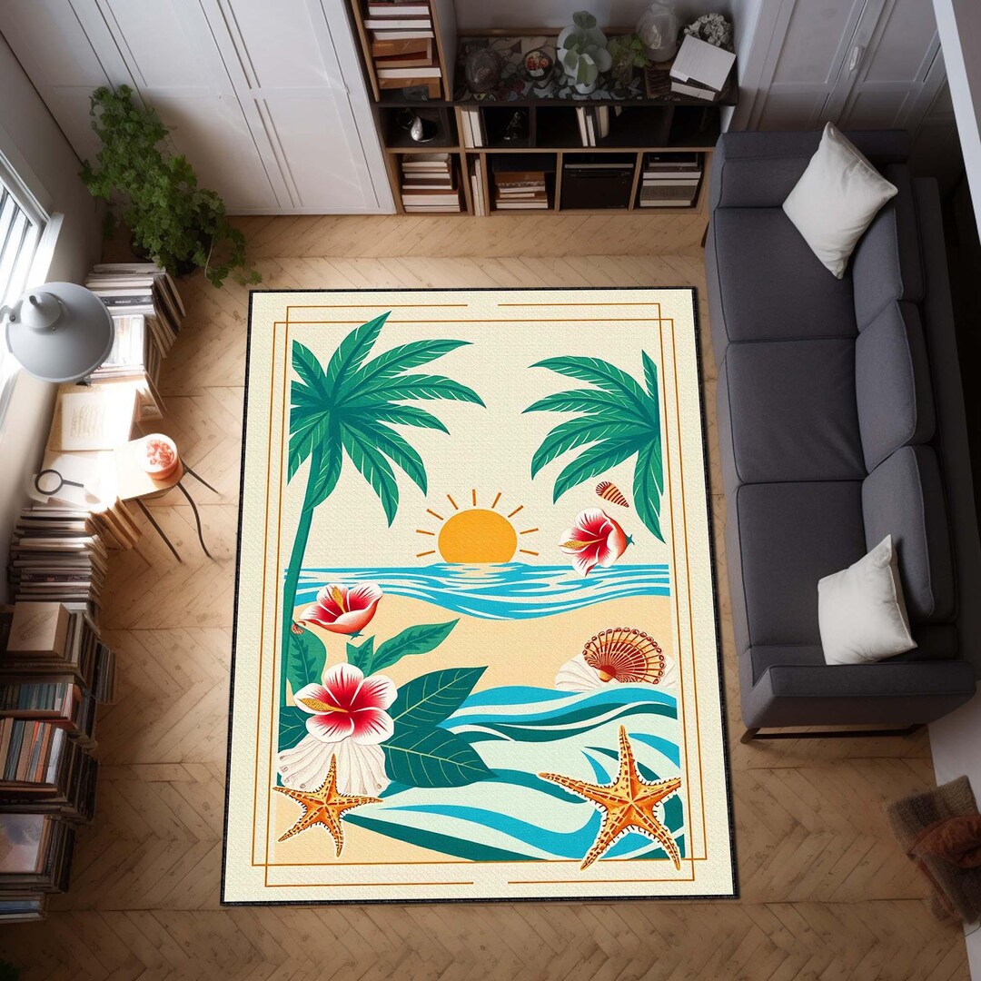 Palm Tree Ocean Art Deco Rug, Coastal Tropical Area Carpet, Beachy ...
