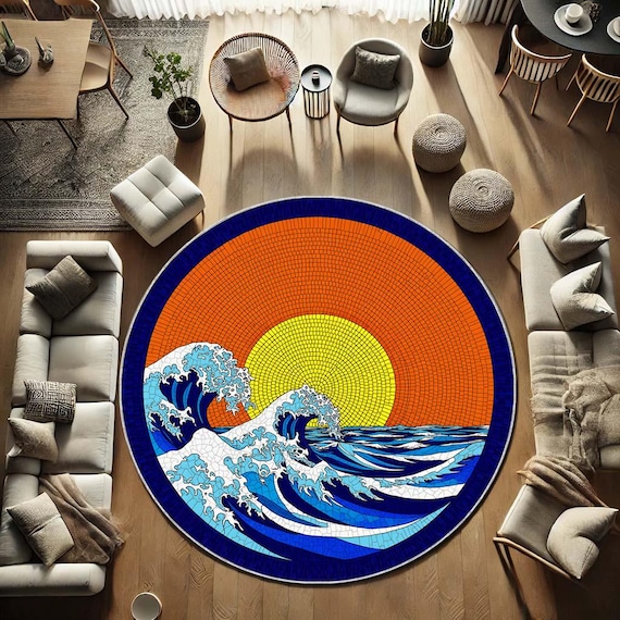 その他 SIVA 2015 RAG RUG HEADBANDL Japanese Wave Sun Round Rug, Great Wave Inspired Circle Carpet
