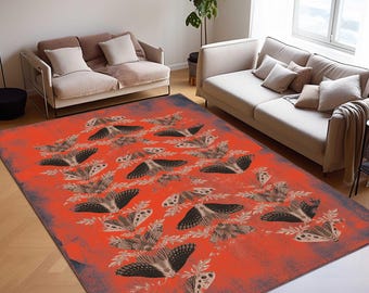 Moth Pattern Rug, Gothic Area Rug, Vintage Insect Carpet, Dark Boho Rug, Red Black Statement Rug, Butterfly Inspired Rug, Unique Floor Decor