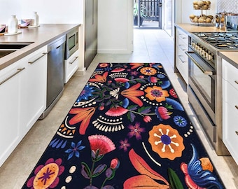 Boho Floral Runner Rug, Vintage Botanical Hallway Carpet, Embroidered Style Flower Leaf Pattern Rug, Ethnic Entryway Decor, Oriental Rug