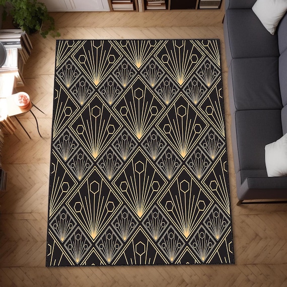 Mid-Century Rug, Black Area Rug, Popular Pick Carpet, Housewarming Gift, Custom Gift, Washable Rug, Christmas Gift, Gold Colorful Rug