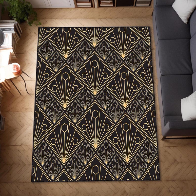 Mid-Century Rug, Black Area Rug, Popular Pick Carpet, Housewarming Gift, Custom Gift, Washable Rug, Christmas Gift, Gold Colorful Rug