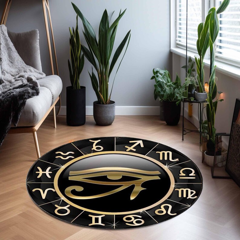 Zodiac Sign Rug Ancient Symbols of Egypt Rug, Zodiac Astrology Round Rug, Eye of Horus ...