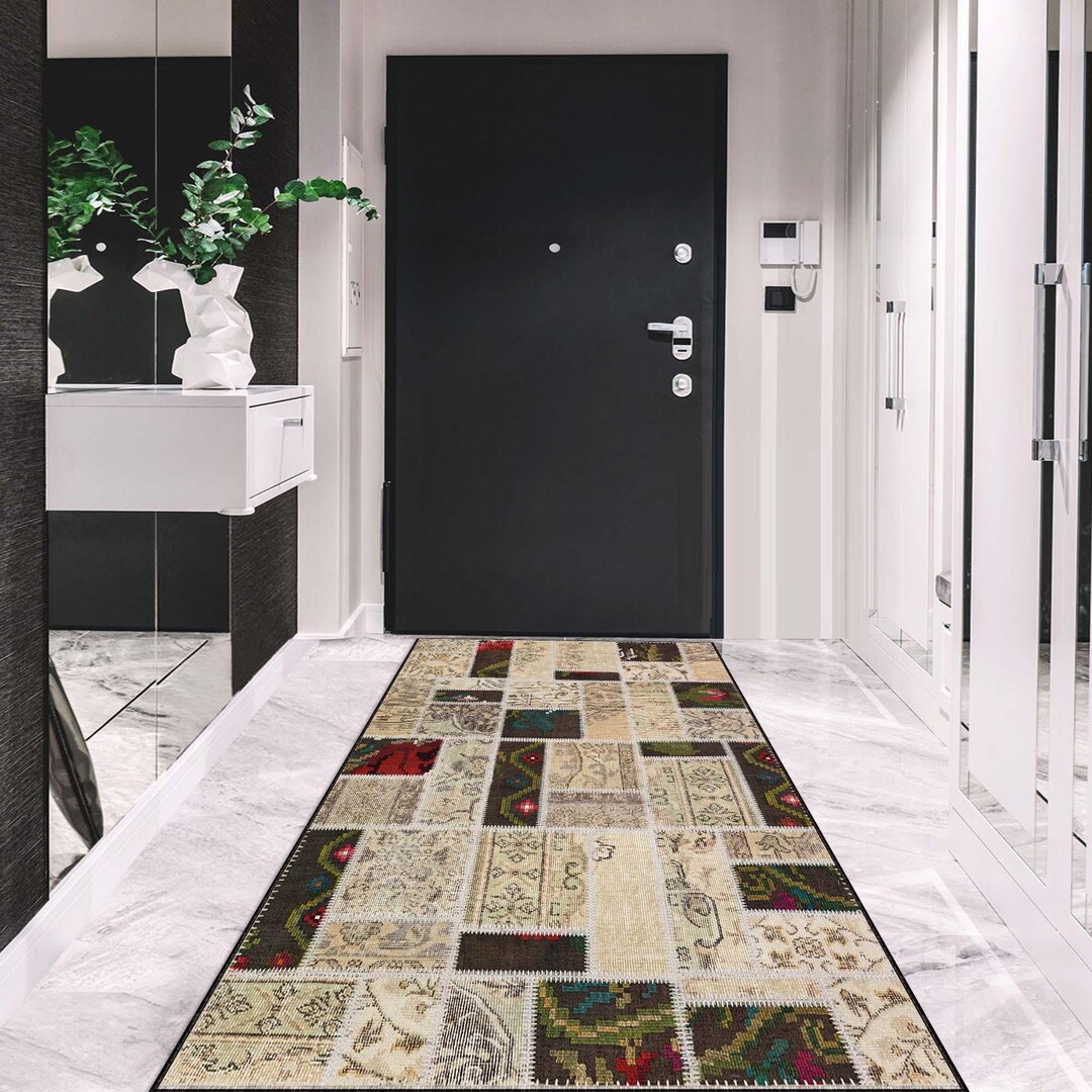 Patchwork Runner Rug, Vintage Upcycled Carpet, Multicolor Hallway Rug ...