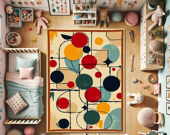 Kandinsky Art Deco Area Rug, Grey Modern Geometric Carpet, Mid Century Style Floor Rug, Retro Bold Pattern Large Kids Room Rug, Gift Rug
