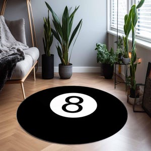 Billiards Rug, 8 Round Rug, Circle Rug, Black eight-ball Carpet, Housewarming Gift, Custom Gift, Washable Rug, Christmas Gift, Black Octuple