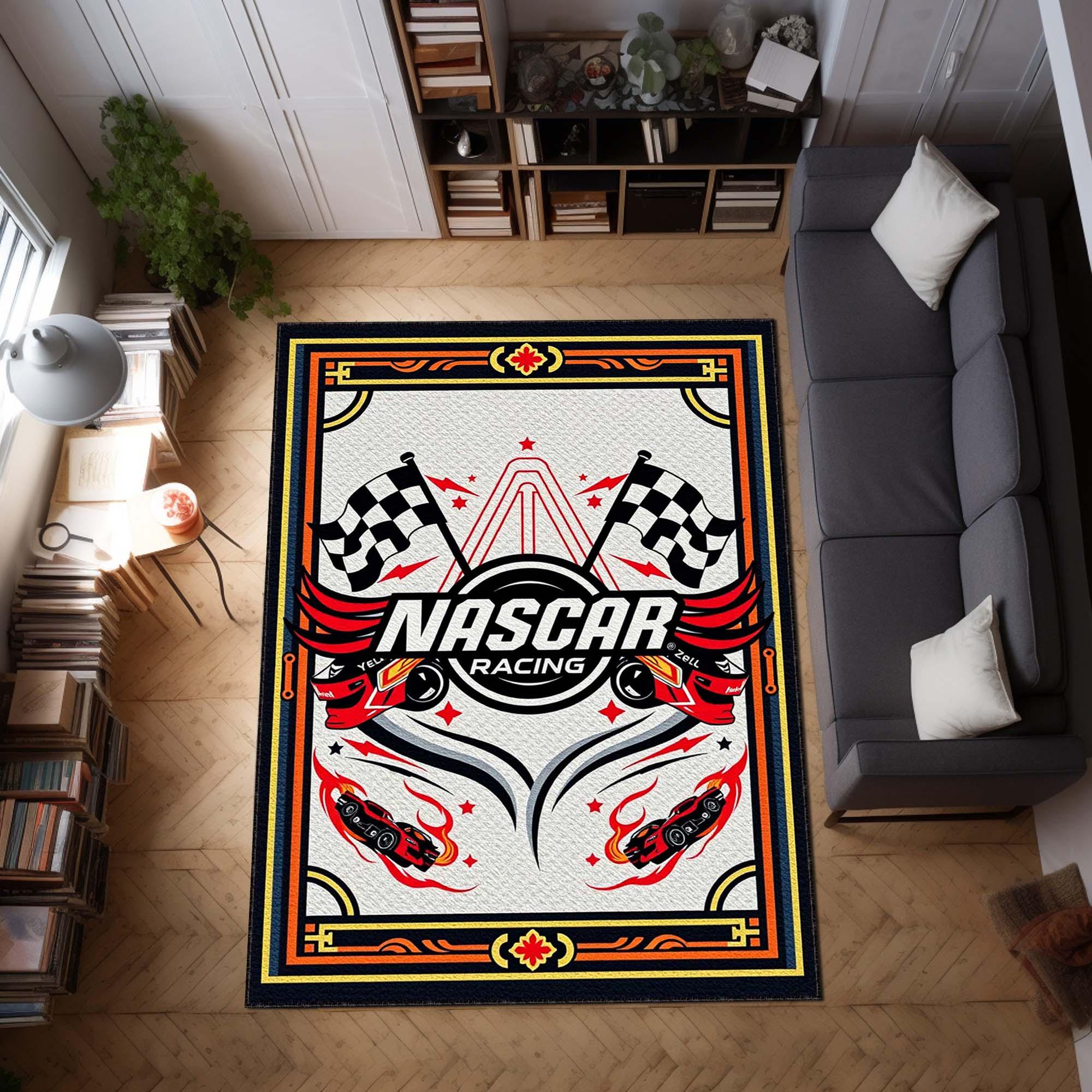 NASCAR Racing Area Rug, Race Car Bedroom Rug, Checkered Flag