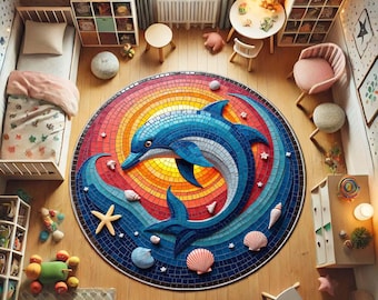 Alfombra redonda con mosaico de delfines y conchas marinas, alfombra circular de inspiración oceánica, tapete costero para casa de playa, amantes del mar o decoración náutica.