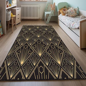 Mid-Century Rug, Black Area Rug, Popular Pick Carpet, Housewarming Gift, Custom Gift, Washable Rug, Christmas Gift, Gold Colorful Rug