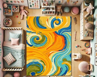Boho Van Gogh Area Rug, Neutral Scandinavian Carpet, Soft Woven Floor Mat, Nordic Decor Soft Kidsroom Mat for Living Room or Bedroom