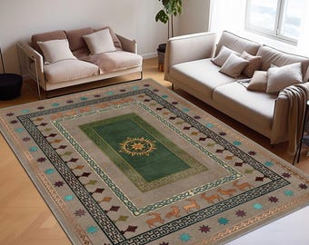 Emerald Green Framed Kilim Rug, Boho Area Rug, Handmade Turkish Kilim, Animal Tribal Rug, Contemporary Rug, Vintage Style Carpet
