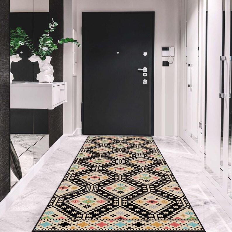 Ethnic Tile Pattern Rug, Traditional Turkish Hallway Carpet, Boho ...