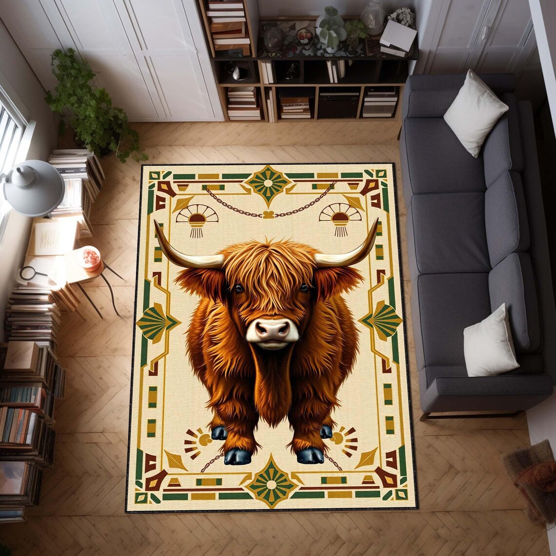 Highland Cow Art Deco Rug, Rustic Farmhouse Area Carpet, Shaggy Cattle ...