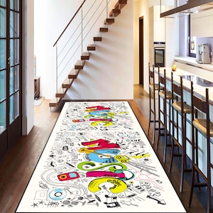 Alfombra con temática musical, alfombra colorida con instrumentos musicales, alfombra artística para el pasillo de los amantes de la música, decoración de jazz y rock, regalo para músicos, alfombra creativa para el hogar