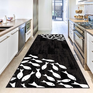 Fish Pattern Hallway Runner Rug, Ocean-Themed Carpet, Coastal Decorative Rug, Non-Slip Nautical Floor Runner, Marine Style Rug, Kitchen Rug