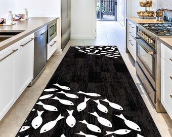 Fish Pattern Hallway Runner Rug, Ocean-Themed Carpet, Coastal Decorative Rug, Non-Slip Nautical Floor Runner, Marine Style Rug, Kitchen Rug