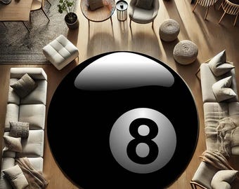May include: A large, round black rug with a glossy finish, featuring a prominent white circle with the number 8 in the center. The rug is surrounded by various pieces of furniture, including sofas, chairs, and a dining table, creating a modern living space.