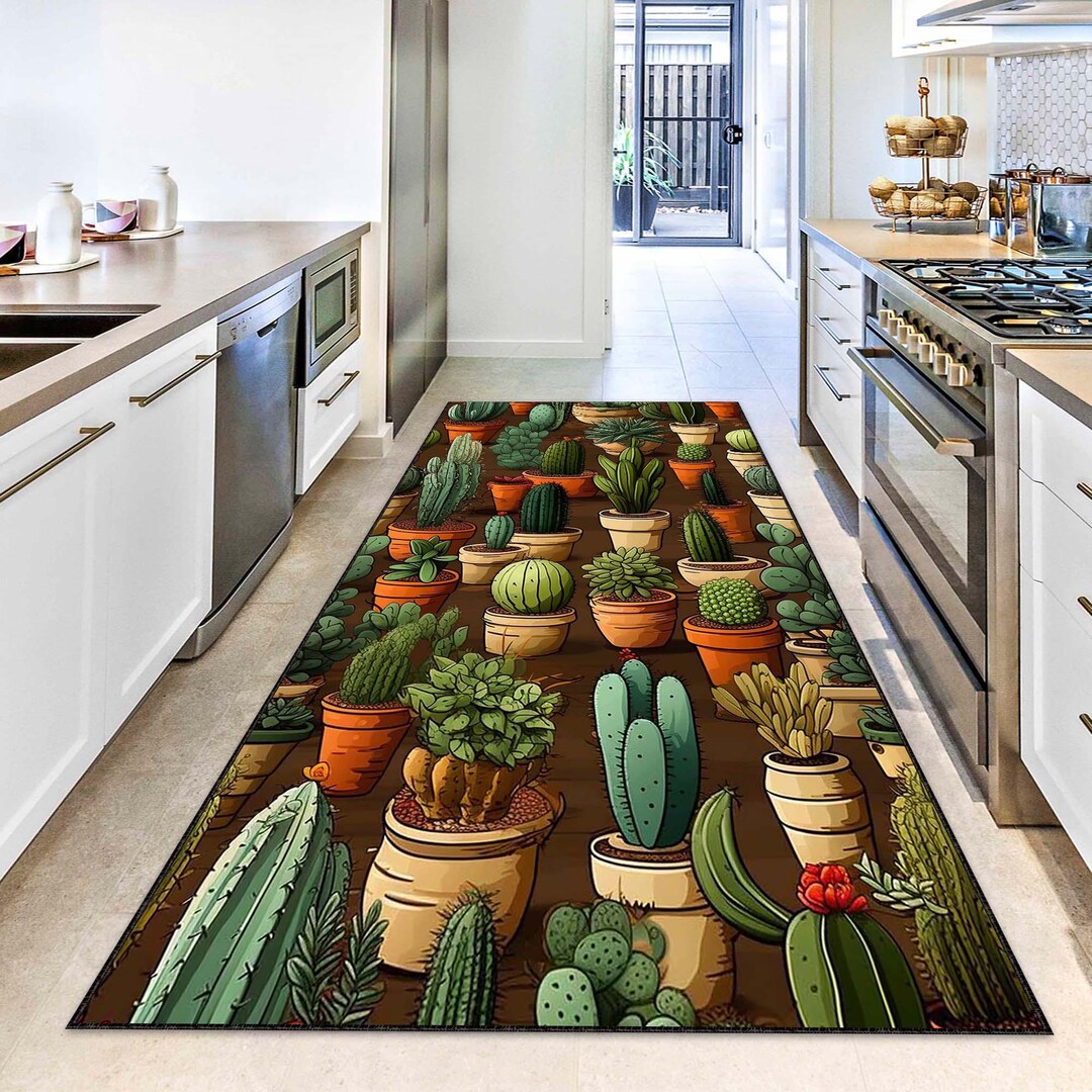 Cactus Rug, Succulent Hallway Carpet, Boho Plant Decor, Potted Cactus ...