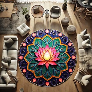 May include: A large, round area rug with a vibrant lotus flower design. The rug features a central pink and yellow flower surrounded by green petals, set against a blue background. Decorative elements in pink and purple encircle the flower. The rug is placed on a hardwood floor.