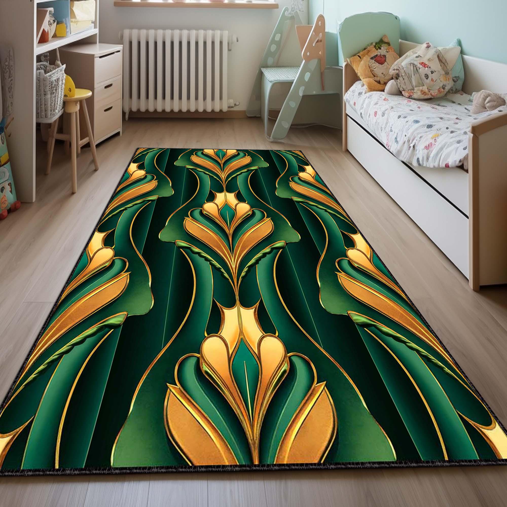 Elegant Art Deco Area Rug – Emerald Green Luxury Carpet, Vintage