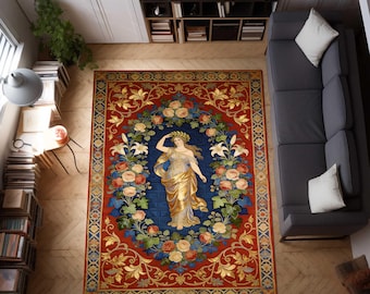 Aphrodite Greek Mythology Kilim Rug, Renaissance Tapestry Wall Hanging, Medieval Flower Wreath Rug, Ancient Goddess Carpet, Gold Floral Rug