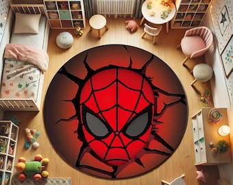 Superhero Round Rug For Kids, Red Black Cartoon Eyes Carpet, Boys Room Decor, Soft Washable Play Mat, Comic Inspired Gift Rug, Spider-man