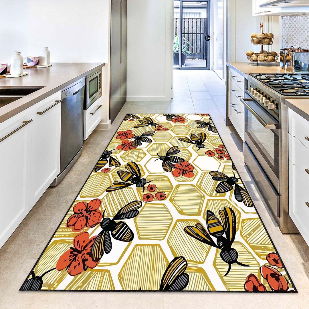 Bee Rug Runner Bee Runner Rug, Honeycomb Hallway Carpet, Bumblebee Floral Decor ...