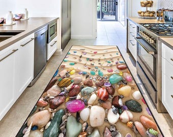 Colorful Beach Stones Runner Rug, Sea Shell Hallway Carpet, Coastal Nautical Washable Rug for Bathroom, Entryway or Kitchen Floor Rug Carpet