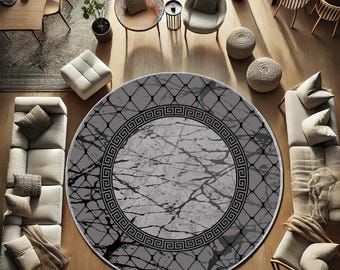 Round Marble Pattern Rug, Greek Key Border Area Carpet, Elegant Black Gray Floor Mat, Washable Modern Decor, Classic Gift Idea, Entryway rug