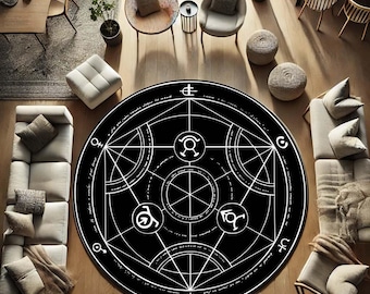 Occult Circle Rug - Mystic Pentagram Carpet, Witchcraft Altar Mat, Esoteric Room Decor, Gothic Round Rug, Dark Magic Home Carpet