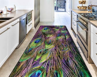 Peacock Feather Runner Rug, Washable Kitchen Hallway Carpet, Rustic Floor Decor, Narrow Long Kilim, Kitchen Washable Rug