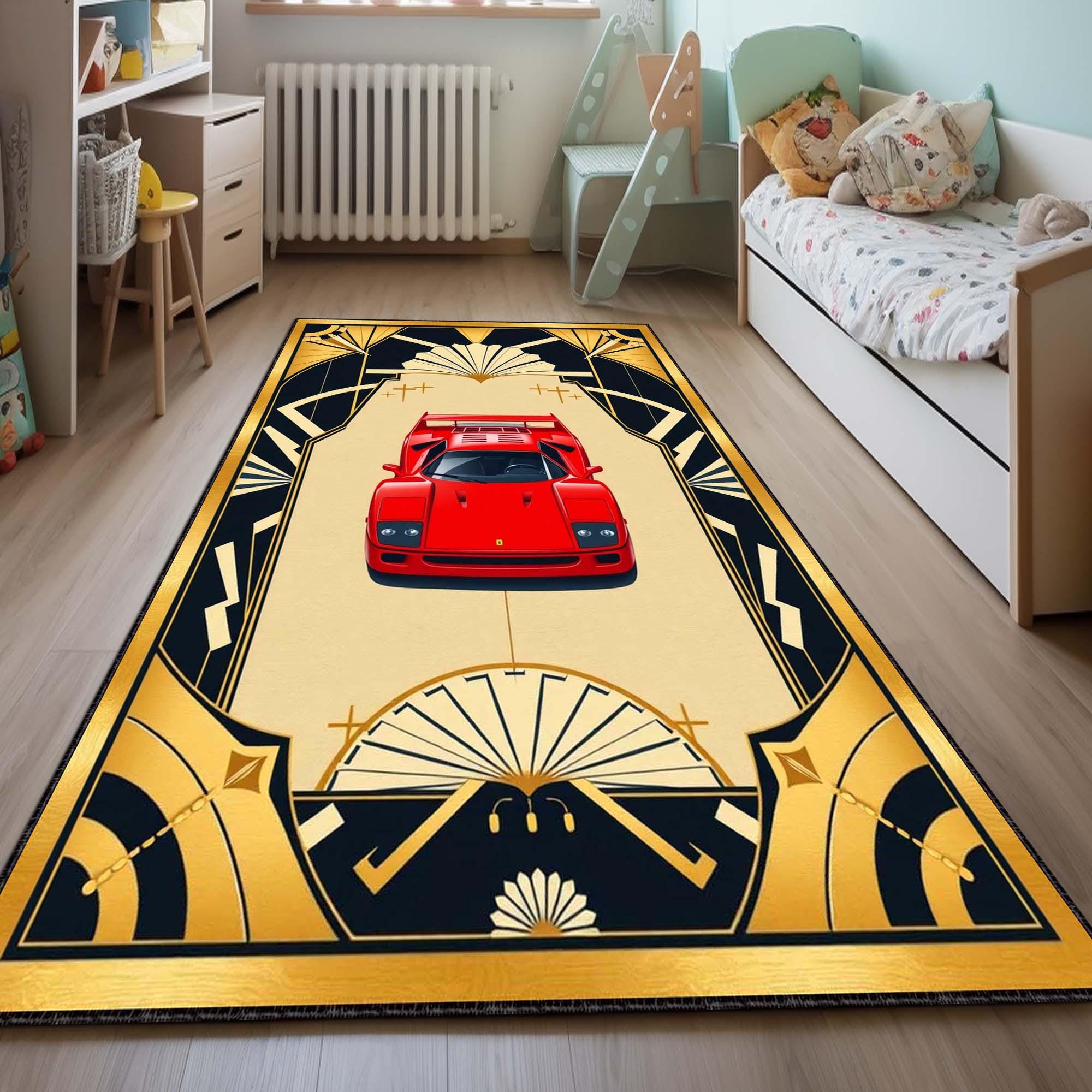 Retro Red Sports Car Art Deco Rug, Classic Auto Lover Area Carpet, Bold ...